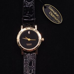 vintage gold-tone black faux leather Diamond Quartz ladies' wristwatch
